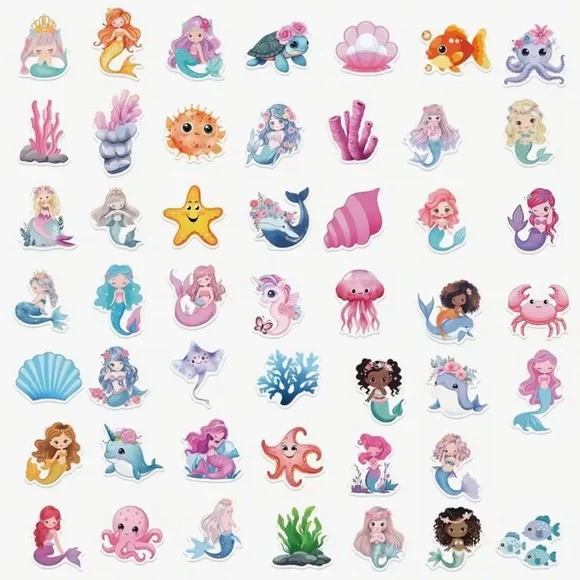 Cute Mermaid & Sea Friends 50 Stickers Fish Shells Pastel Pink, Blue, Purple - Picture 5 of 9